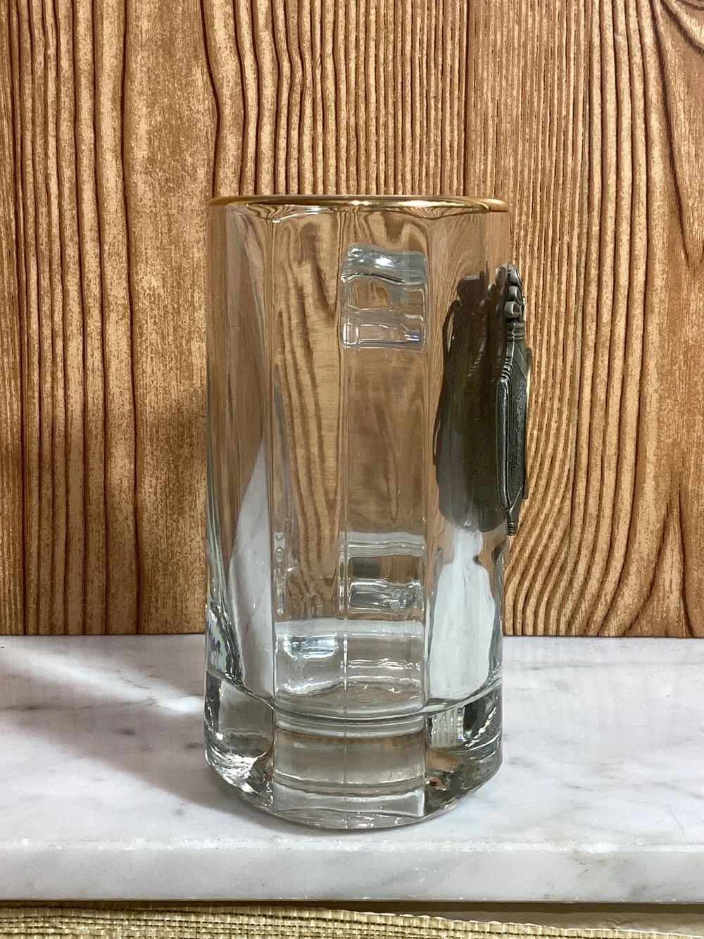 Glass Beer Stein Mug with Golf Emblem - Clear Raised Metal Medallion